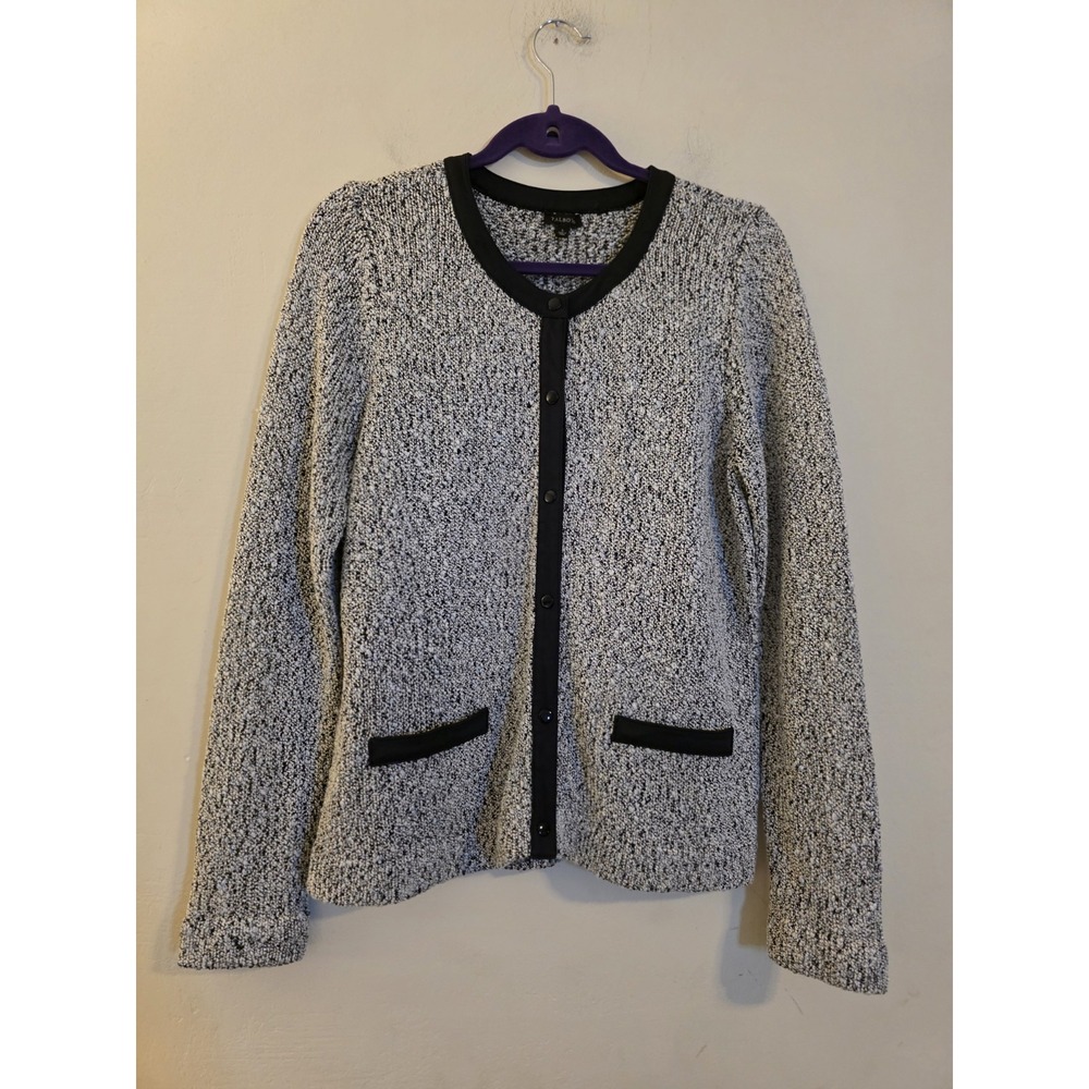 Talbots Women's Size Large Sweater Faux Leather Trim Gray Black‎ Button up pkts